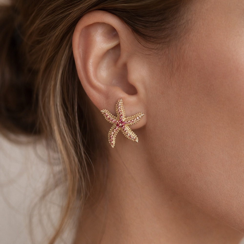 Baublebar Starfish Earrings Gold Pink Crystal Beach Coastal Statement Studs